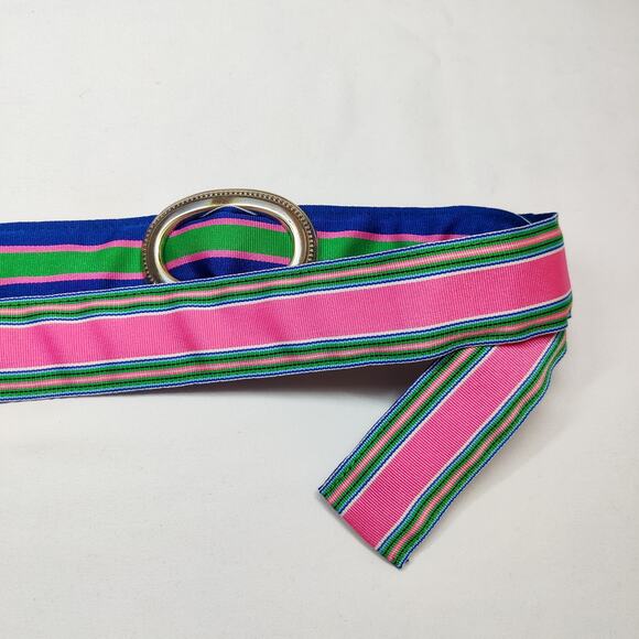 Lot of 2 Eliza B Colorful Reversible Striped Floral Ribbon Belt Silver Buckle OS - Picture 2 of 9